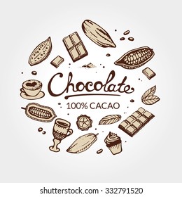 Hand Drawing Pattern Of Cacao Beans, Chocolate, Cake, Cup Of Hot Chocolate, Mug, Latte. For Menu And Box Design: Horeca, Cafe, Bar, Restaurant, Cooking, Bakery.