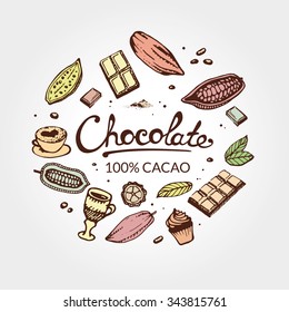 Hand drawing pattern of cacao beans, chocolate, cake, cup of hot chocolate, mug, latte. For menu and box design: shop, cafe, bar, restaurant, cooking, bakery.