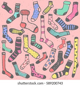 Hand drawing pattern of doodle colorful wool socks for coloring book.