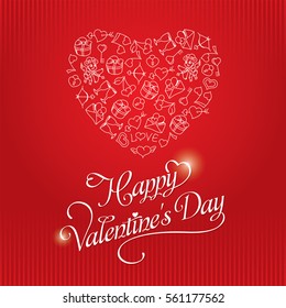 Hand drawing pattern in the form of heart. Romantic pattern for valentine's day with cupid, heart, love letter, key from the heart, etc