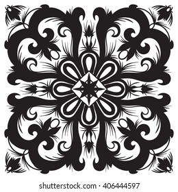 Hand drawing pattern for tile in black and white colors. Italian majolica style. Vector illustration. The best for your design, textiles, posters