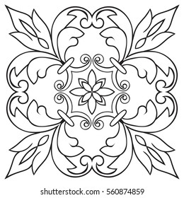 Hand drawing pattern for tile in black and white colors. Italian majolica style. Vector illustration. The best for your design, textiles, posters