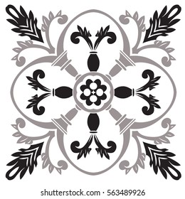 Hand drawing pattern for tile in black and white colors. Italian majolica style. Vector illustration. The best for your design, textiles, posters