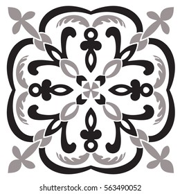 Hand drawing pattern for tile in black and white colors. Italian majolica style. Vector illustration. The best for your design, textiles, posters