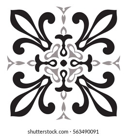 Hand drawing pattern for tile in black and white colors. Italian majolica style. Vector illustration. The best for your design, textiles, posters