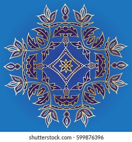 Hand drawing pattern for tile in blue, yellow and golden colors. Floral square. Italian majolica style Vector illustration. Best for your design, textiles, posters