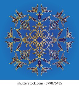 Hand drawing pattern for tile in blue, yellow and golden colors. Floral square. Italian majolica style Vector illustration. Best for your design, textiles, posters