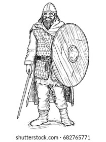 Hand drawing pen and ink illustration of ancient viking warrior in scale mail armor with helmet, sword and shield.