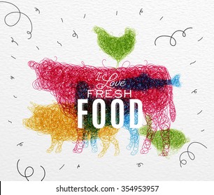 Hand drawing pen tangle wild animals chicken, fish, cow, pig, rabbit, sheep lettering I love fresh food drawing with color ink on paper background