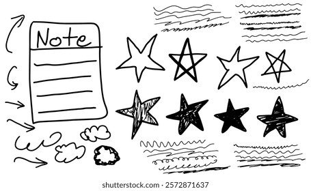 Hand drawing pencil. hand drawn various curly lines, stars, notepad, arrows, cloud, swirl lines. underline element. kids pencil drawing. doodle vector illustration