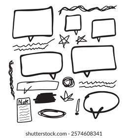 Hand drawing pencil. hand drawn various curly lines, comment box, notepad, stars, swirl lines. underline element. kids pencil drawing. doodle vector illustration