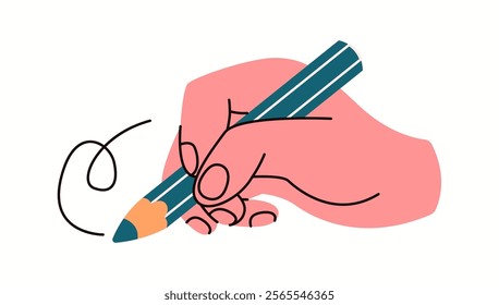 Hand drawing with pencil flat color vector illustration. Artist using crayon to create artwork closeup cartoon icon on white background