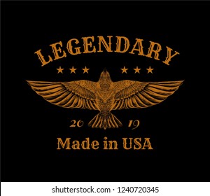 Hand drawing a pencil sketch American eagle with slogan. Print for design t-shirt.