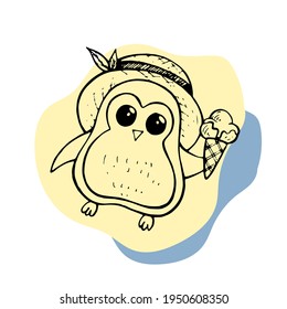hand drawing of a penguin in a hat with ice cream. doodle art. vector illustration for print on cards world penguin day. 