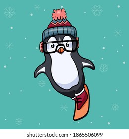 
Hand drawing of penguin illustration playing skiing and snowboarding