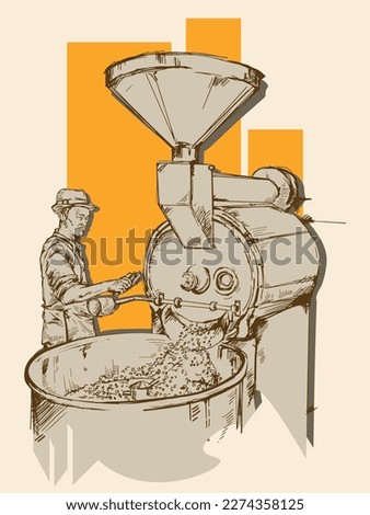 Hand drawing of people roasting coffee. Vintage roasting machine illustration. Roasted coffee beans.  For packaging