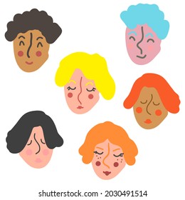 Hand drawing peoples faces collection. Doodle vector illustration for decor and design.

