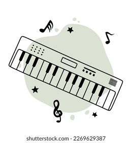 hand drawing of piano keyboard and musical notes vector illustration.