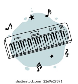 hand drawing of piano keyboard and musical notes vector illustration.