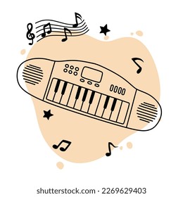 hand drawing of piano keyboard and musical notes vector illustration.