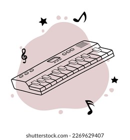 hand drawing of piano keyboard and musical notes vector illustration.