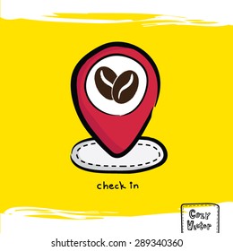 Hand drawing pin map with coffee beans logo vector.