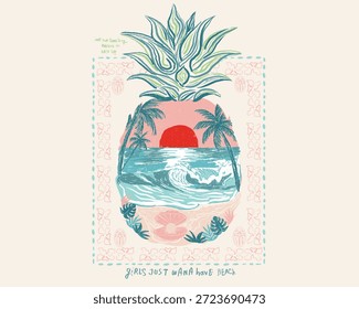 Hand Drawing Pineapple graphic. sunset beach print design. vintage retro graphic design. girl's, women's summer graphics. Sea shell and palm tree drawing