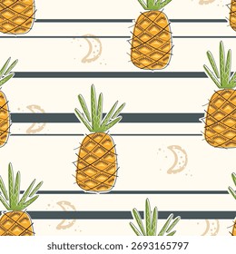 hand drawing pineapple seamless pattern with black stripes. Flat design vector Illustration for textile, bedding, print, stationery, wrapping paper, surface design and more