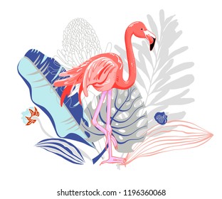hand drawing pink flamingo with bouquet of tropical leaves and flowers on pastel mood, vector illustration isolated on white background