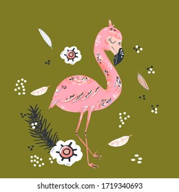 hand drawing pink flamingo with bouquet of tropical leaves and flowers on pastel mood, vector illustration isolated, floral elements