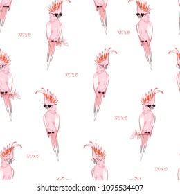 Hand drawing pink parrot ,macaw bird wearing cute and trendy sunglasses in seamless pattern vector on white
