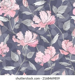 Hand drawing pink roses on a gray background. Seamless pattern. Vector illustration.