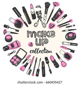 Hand drawing pink sketch make up cosmetics set, nail polish, powder, concealer, mascara, eye shadow. Isolated vector elements