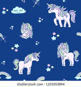 Hand drawing pink unicorns on the navy blue background seamless pattern