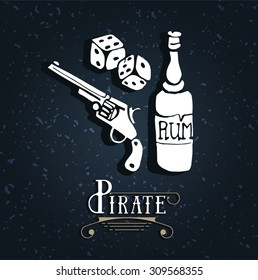 Hand drawing pirate rum, gun, pistol, revolver, handgun or and game bones with silhouette. Symbol, object of pirate. Adventure sea.