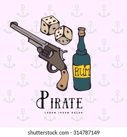 Hand drawing pirate rum, gun, pistol, revolver, handgun or and game bones with silhouette. Symbol, object of pirate. Adventure sea. Games of chance