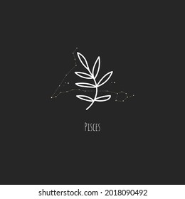 Hand drawing Pisces constellation symbol with floral branch and stars. Modern minimalist mystical astrology aesthetic illustration with zodiac signs