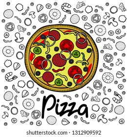 Hand drawing pizza and ingredients background vector illustration