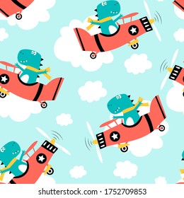 Hand drawing plane and cute dinosaur seamless pattern print design. Cartoon vector illustration.