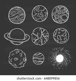 hand drawing of planets or meteor and black hole on chalkboard background