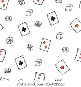 Hand drawing poker pattern: playing cards, chips, dice, ace of hearts, king of crosses.