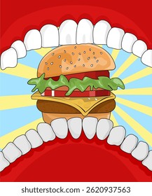 Hand drawing pop art burger on inside mouth view vector illustration design.