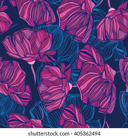 Hand drawing poppy seamless background. Vector fabric  pattern.