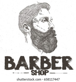 Hand drawing Portrait of bearded man hipster with barber shop brush inscription