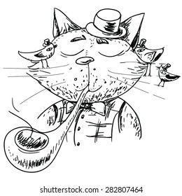 Hand drawing portrait of gallant cat in hat with birds