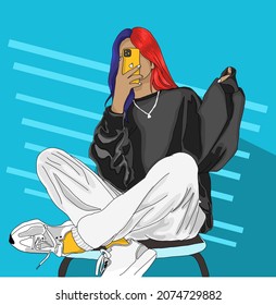 hand drawing portrait illustration of a beautiful woman sitting posing and hair chatting