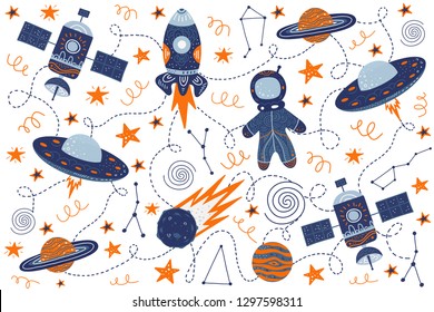 Hand drawing for a poster on the theme of space. The Milky Way, galaxy, rocket, ufo, astronaut, space satellite and stars. Vector illustration pattern for t-shirt, greeting card or hoodies.