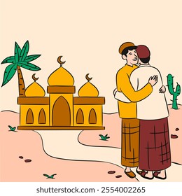 A hand drawing poster of two man hug each other after Eid prayer in front of mosque. Ramadan Kareem. Ramadan Mubarak. Greetings Card.
