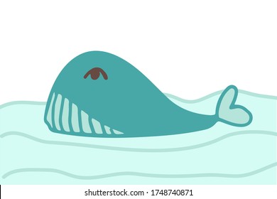 Hand drawing pretty blue whale in the ocean design. Vector illustration design for fashion fabrics, textile graphics, prints. Black stroke isolated on white.
