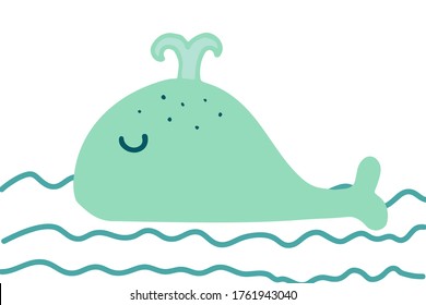 Hand drawing pretty colored green whale in the ocean. Vector illustration design for fashion fabrics, textile graphics, prints. Black stroke isolated on white.